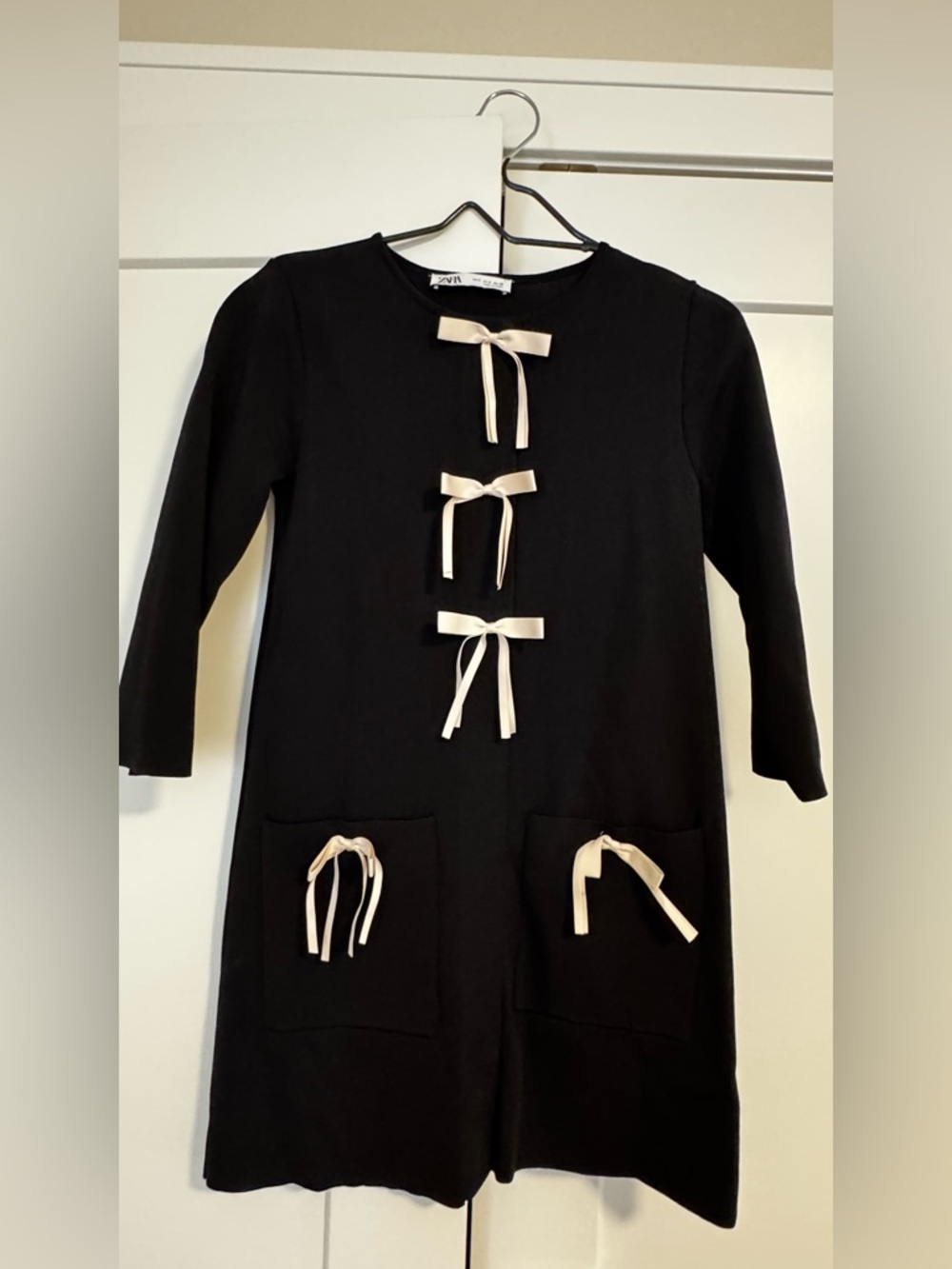 Zara Black Knit Dress with Cream Bow Details